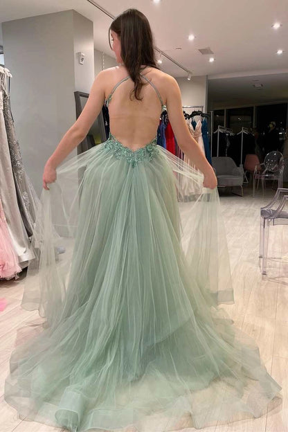 Modern A-Line Spaghetti Straps Sleeveless Lace Up Sweep/Brush Train Prom Dress