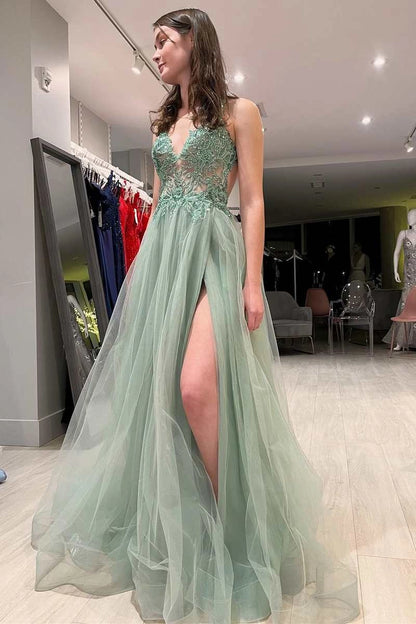 Modern A-Line Spaghetti Straps Sleeveless Lace Up Sweep/Brush Train Prom Dress