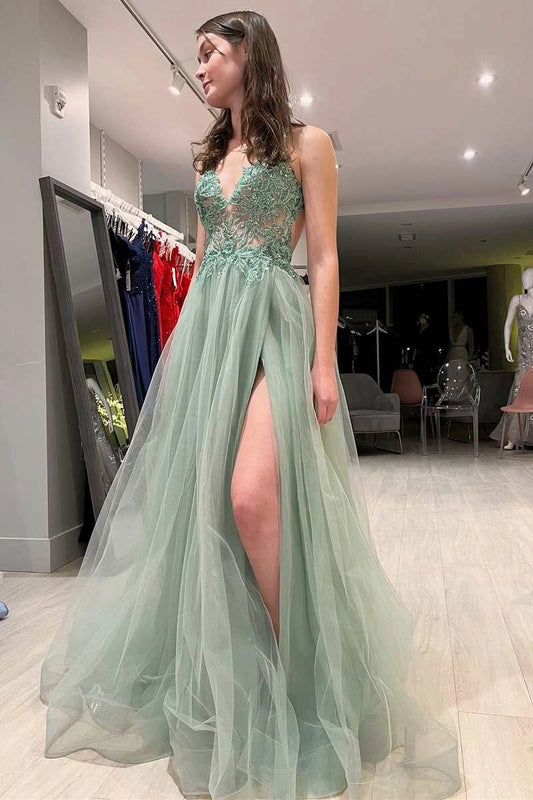 Modern A-Line Spaghetti Straps Sleeveless Lace Up Sweep/Brush Train Prom Dress