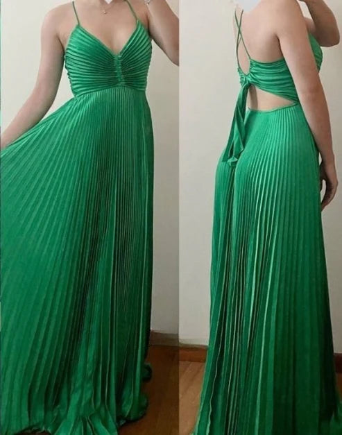 Modern A-Line Spaghetti Straps Sleeveless Open Back Floor-Length Evening Dress