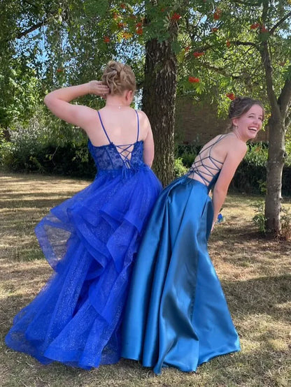 Modern A-Line Spaghetti Straps Sleeveless Satin Pleated Floor-Length Prom Dress