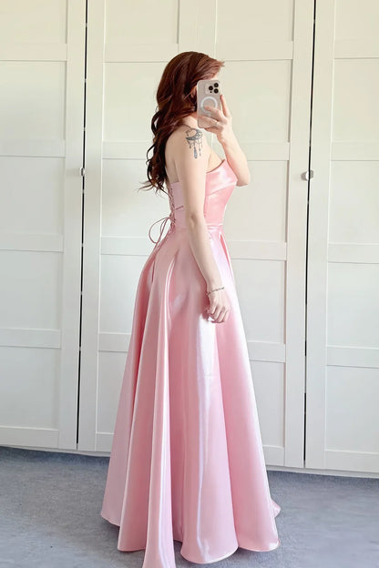 Modern A-Line Strapless Sleeveless Satin Ruched Floor-Length Prom Dress