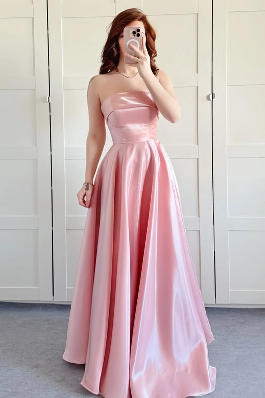 Modern A-Line Strapless Sleeveless Satin Ruched Floor-Length Prom Dress