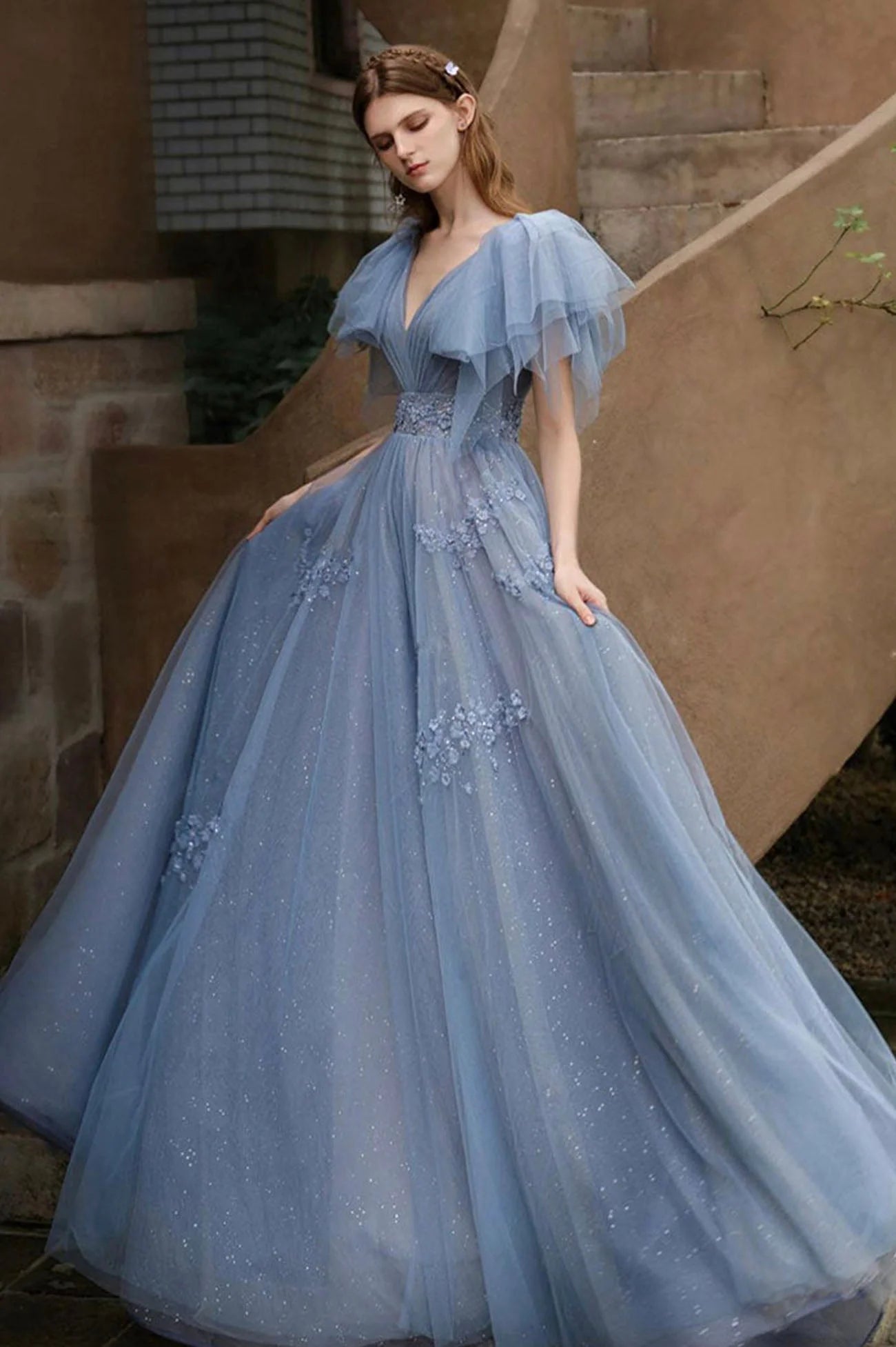 Modern A-Line V-Neck Flutter Sleeve Lace Up Floor-Length Prom Dress