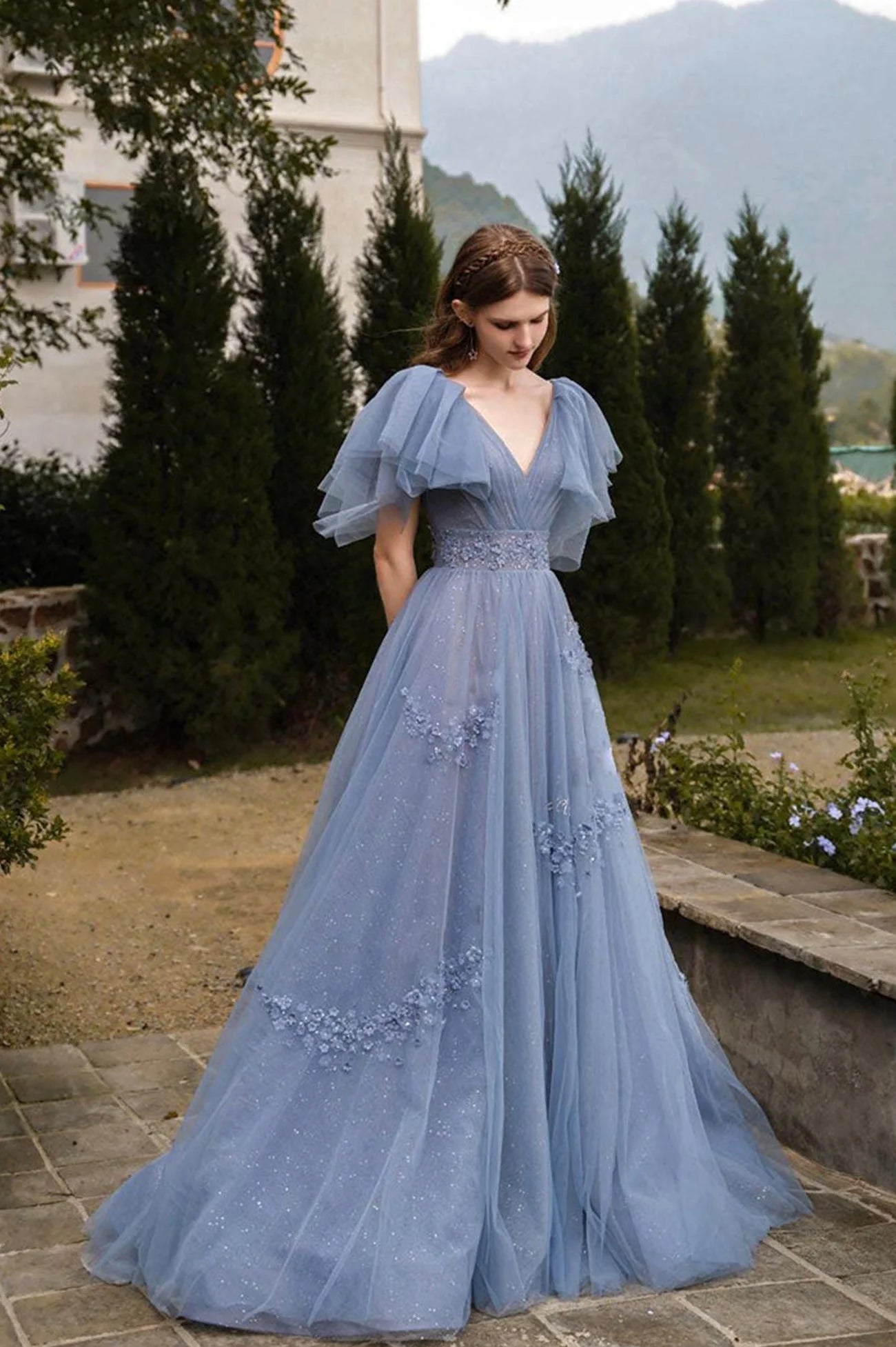 Modern A-Line V-Neck Flutter Sleeve Lace Up Floor-Length Prom Dress