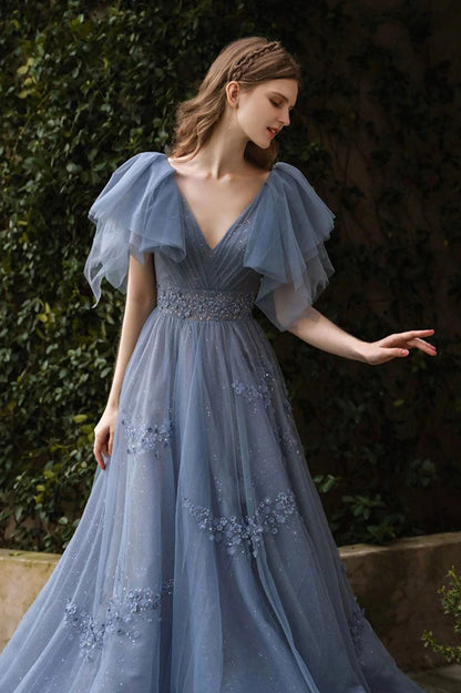 Modern A-Line V-Neck Flutter Sleeve Lace Up Floor-Length Prom Dress