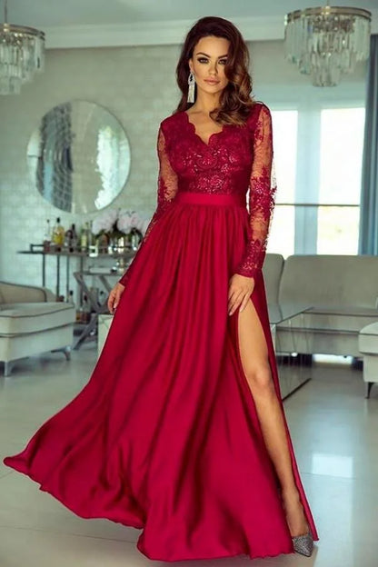 Modern A-Line V Neck Long Sleeve Lace Up Floor-Length Prom Dress
