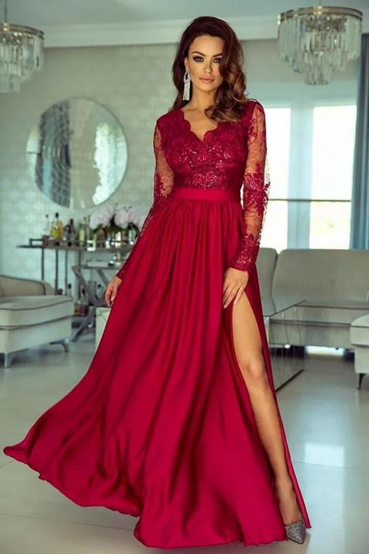 Modern A-Line V Neck Long Sleeve Lace Up Floor-Length Prom Dress