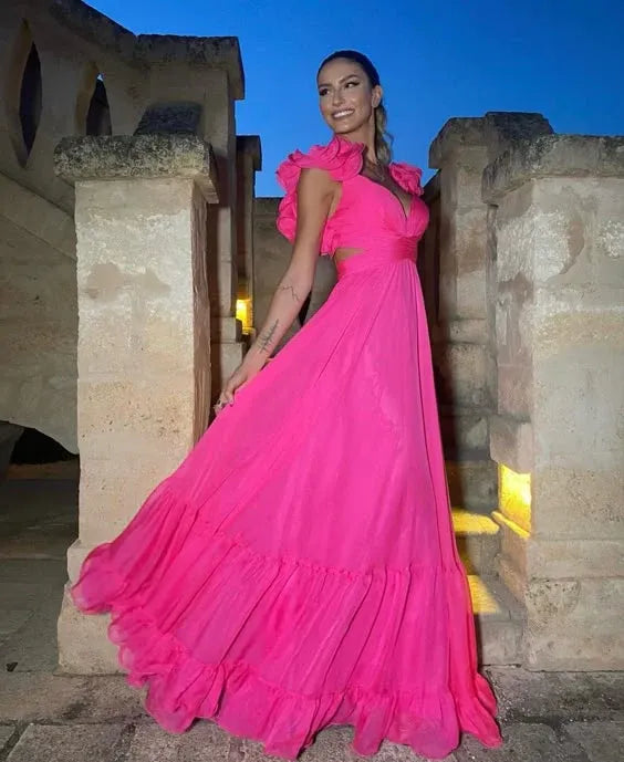 Modern A-Line V Neck Sleeveless Tulle Backless Floor-Length Prom Dress