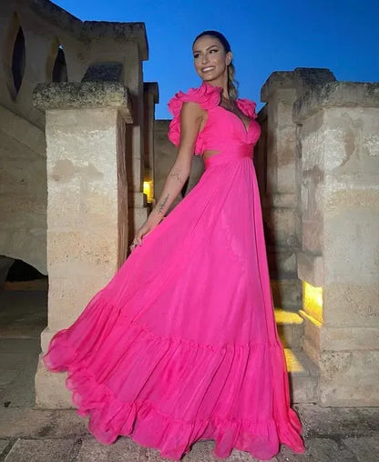 Modern A-Line V Neck Sleeveless Tulle Backless Floor-Length Prom Dress