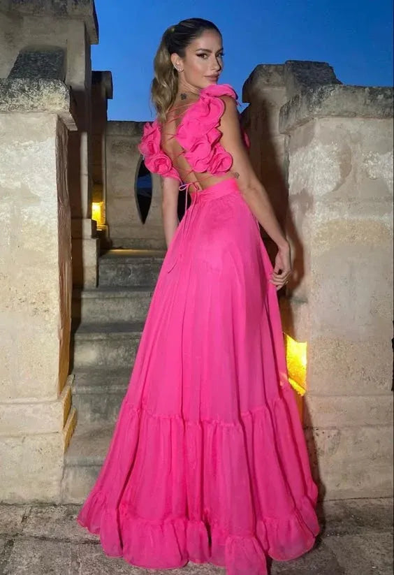 Modern A-Line V Neck Sleeveless Tulle Backless Floor-Length Prom Dress