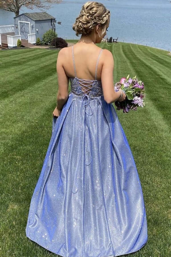 Modern A-line Spaghetti Straps Sleeveless Backless Sweep/Brush Train Prom Dress