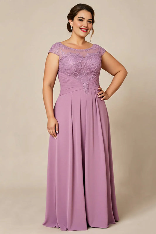 Modern A Line Scoop Neck Cap Sleeves Sheer Back Sweep/Brush Train Plus Size Mother of the Bride Dress
