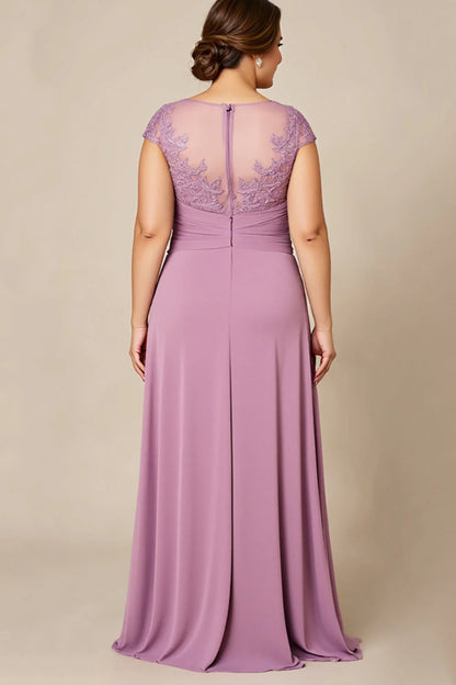Modern A Line Scoop Neck Cap Sleeves Sheer Back Sweep/Brush Train Plus Size Mother of the Bride Dress
