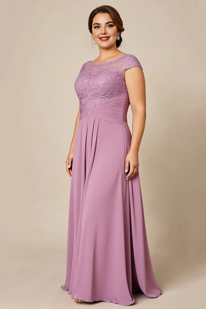 Modern A Line Scoop Neck Cap Sleeves Sheer Back Sweep/Brush Train Plus Size Mother of the Bride Dress