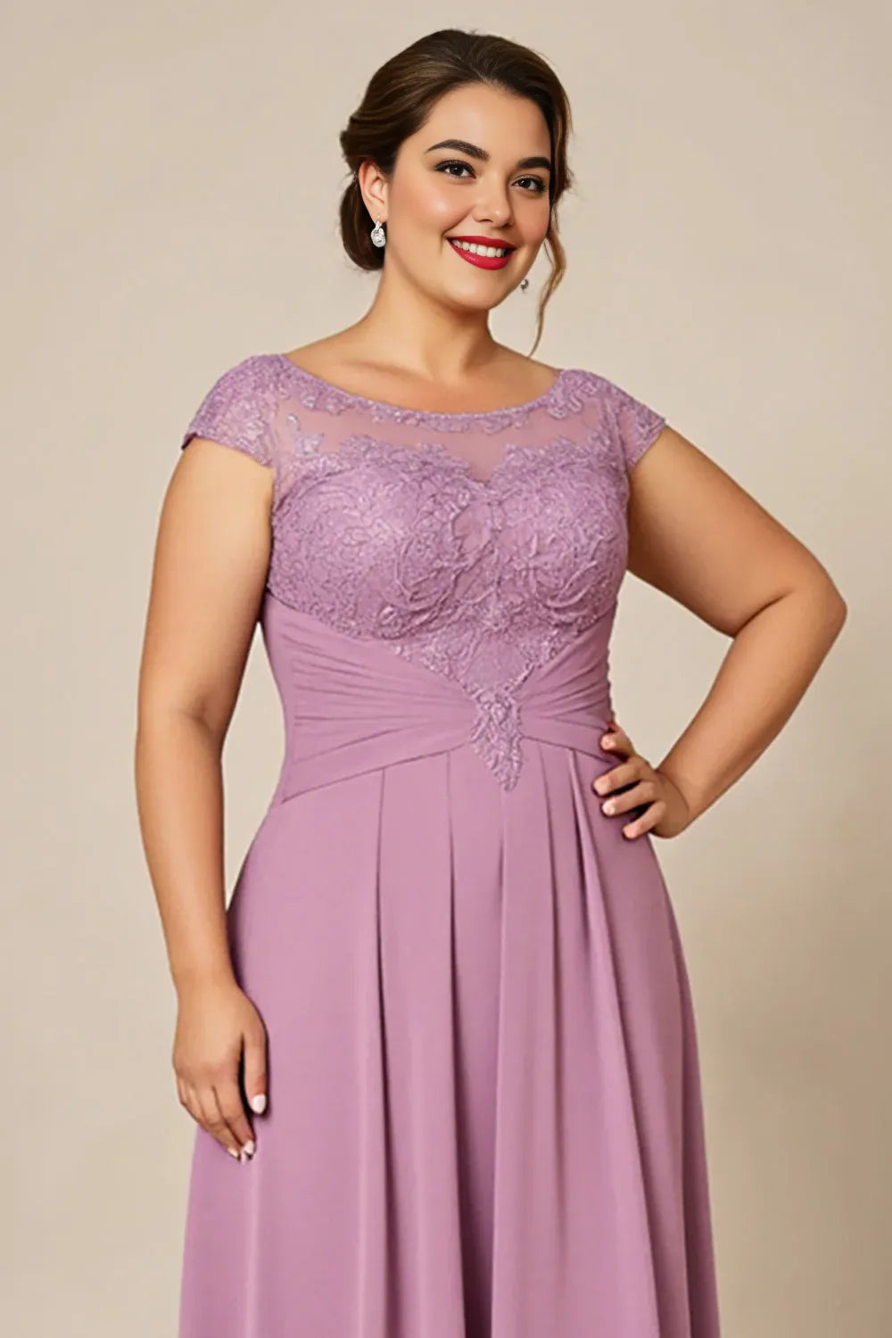 Modern A Line Scoop Neck Cap Sleeves Sheer Back Sweep/Brush Train Plus Size Mother of the Bride Dress