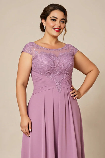 Modern A Line Scoop Neck Cap Sleeves Sheer Back Sweep/Brush Train Plus Size Mother of the Bride Dress