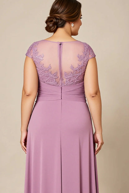 Modern A Line Scoop Neck Cap Sleeves Sheer Back Sweep/Brush Train Plus Size Mother of the Bride Dress