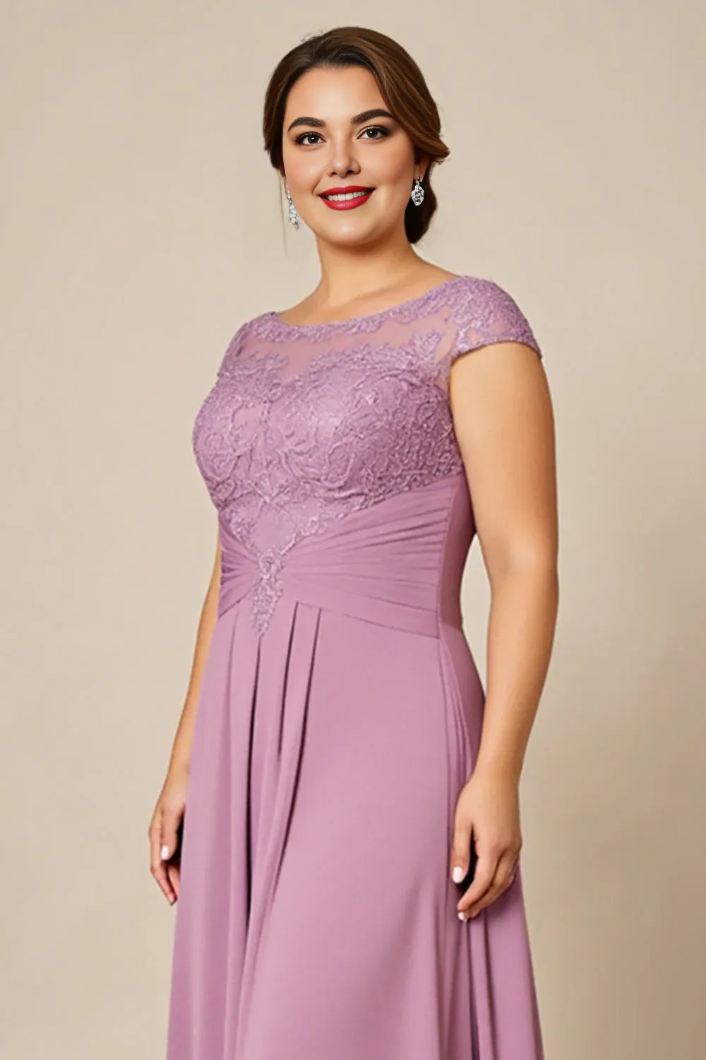 Modern A Line Scoop Neck Cap Sleeves Sheer Back Sweep/Brush Train Plus Size Mother of the Bride Dress