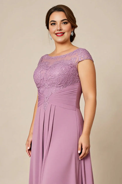 Modern A Line Scoop Neck Cap Sleeves Sheer Back Sweep/Brush Train Plus Size Mother of the Bride Dress
