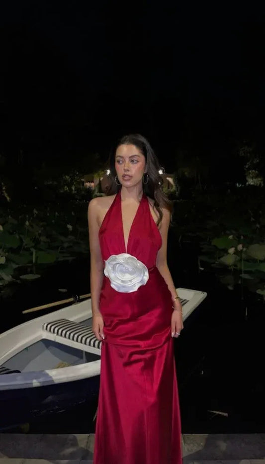 Modern Ball Gown V Neck Sleeveless Satin Flower Floor-Length Prom Dress
