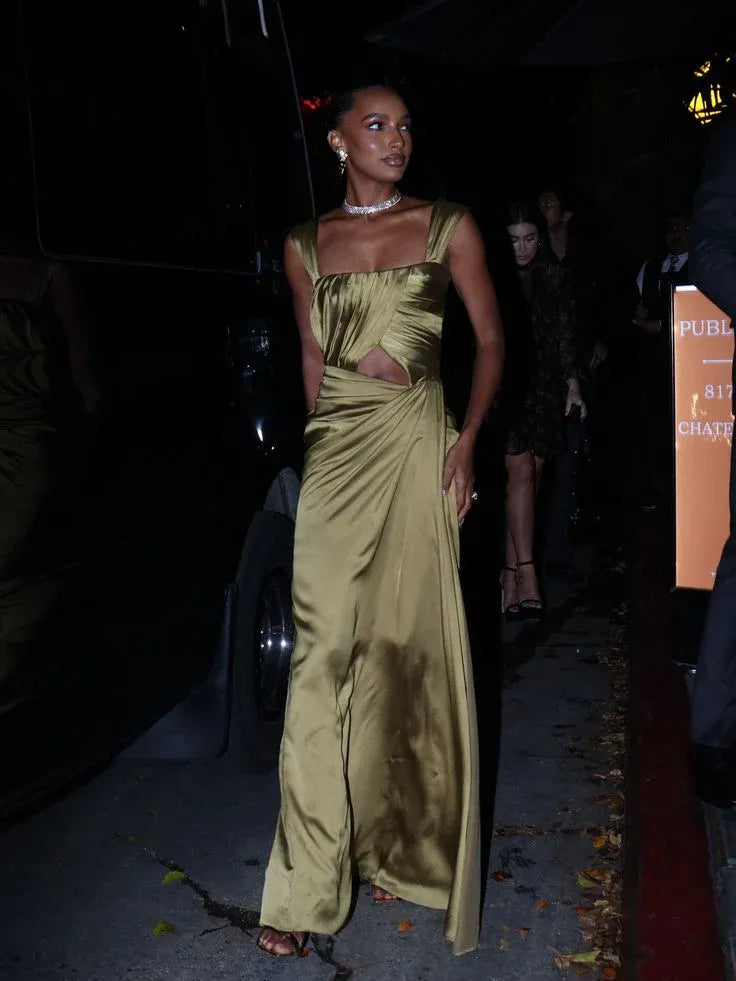 Modern Glam Mermaid Square Neck Cutout Olive Green Maxi Prom Dress for Women ready to ship