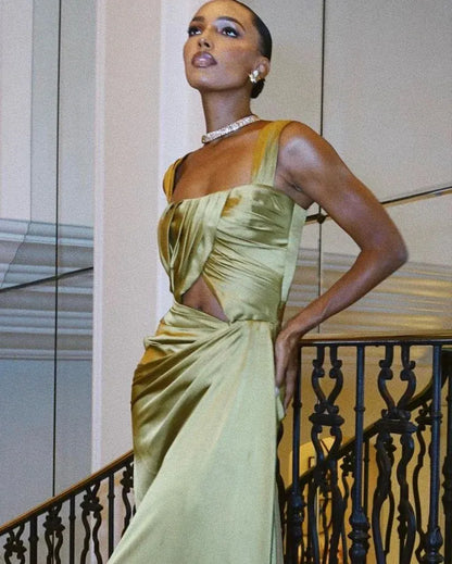 Modern Glam Mermaid Square Neck Cutout Olive Green Maxi Prom Dress for Women ready to ship
