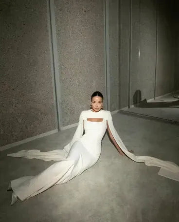 Modern Mermaid High-Neck Cape-Sleeve Cutout White Long Prom Dress for Women Ready to Ship
