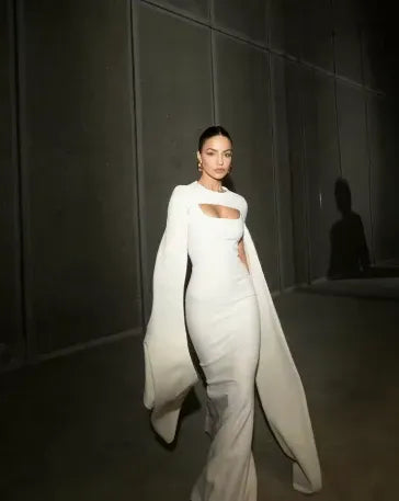 Modern Mermaid High-Neck Cape-Sleeve Cutout White Long Prom Dress for Women Ready to Ship