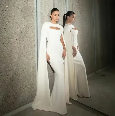 Modern Mermaid High-Neck Cape-Sleeve Cutout White Long Prom Dress for Women Ready to Ship