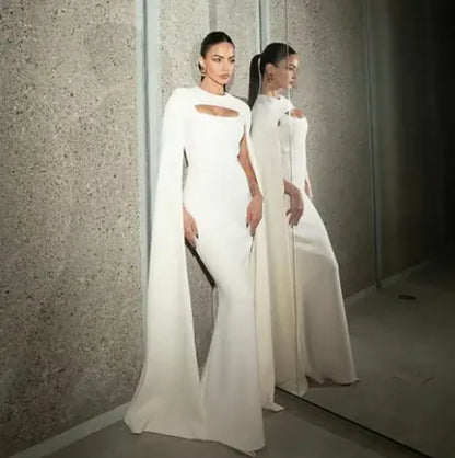 Modern Mermaid High-Neck Cape-Sleeve Cutout White Long Prom Dress for Women Ready to Ship