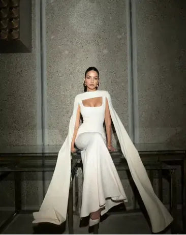 Modern Mermaid High-Neck Cape-Sleeve Cutout White Long Prom Dress for Women Ready to Ship