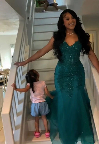 Modern Mermaid V Neck Sleeveless Backless Floor-Length Prom Dress