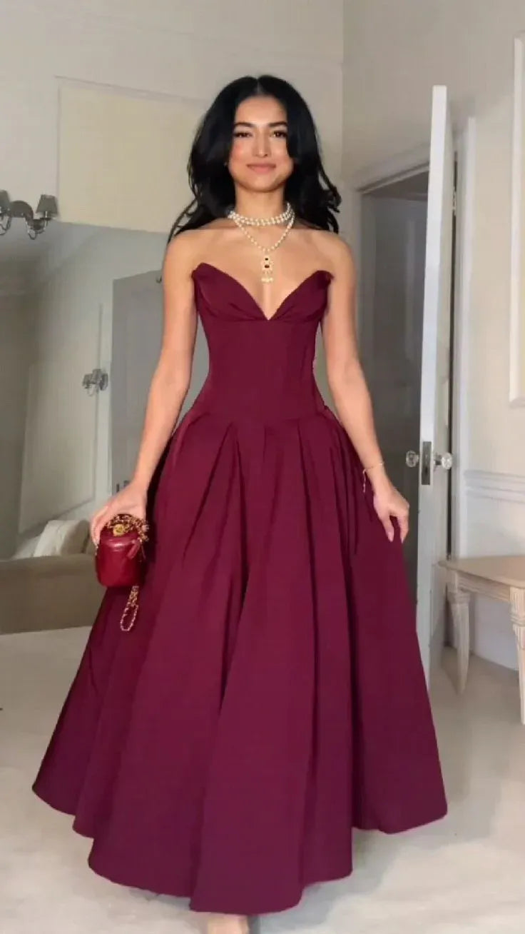 Modern Off the Shoulder Sleeveless A-line Pleated Satin Floor-Length Evening Dress