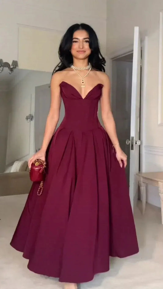 Modern Off the Shoulder Sleeveless A-line Pleated Satin Floor-Length Evening Dress