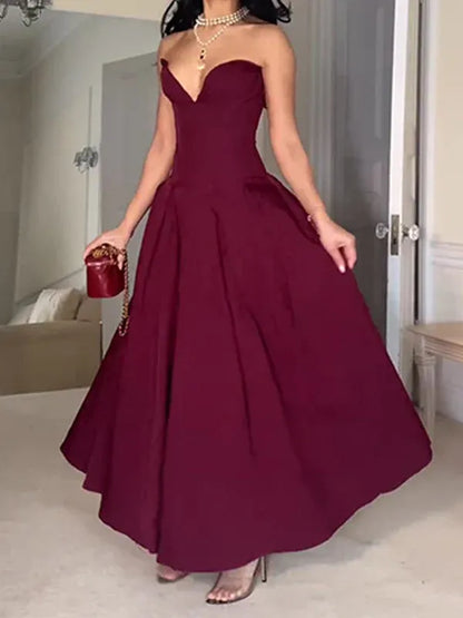 Modern Off the Shoulder Sleeveless A-line Pleated Satin Floor-Length Evening Dress