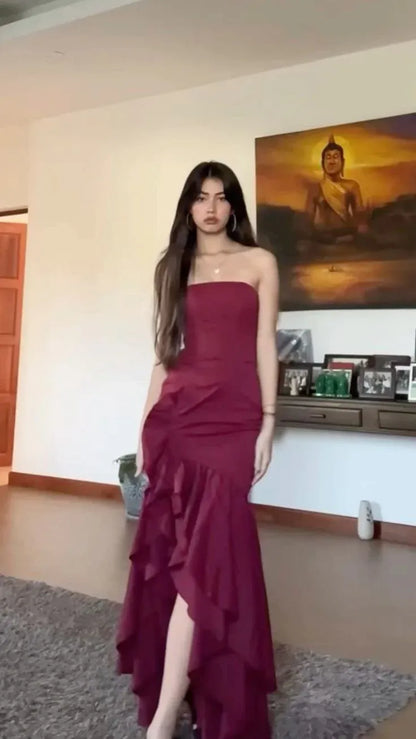Modern Off the Shoulder Sleeveless Bodycon Ruffled Satin Floor-Length Evening Dress