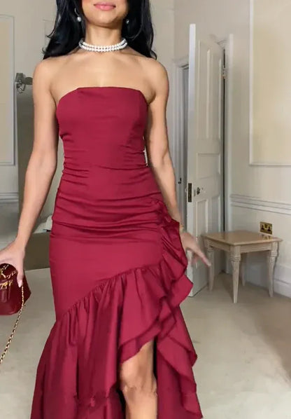 Modern Off the Shoulder Sleeveless Bodycon Ruffled Satin Floor-Length Evening Dress