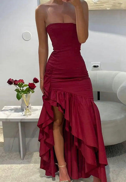 Modern Off the Shoulder Sleeveless Bodycon Ruffled Satin Floor-Length Evening Dress