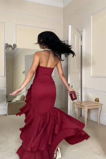 Modern Off the Shoulder Sleeveless Bodycon Ruffled Satin Floor-Length Evening Dress