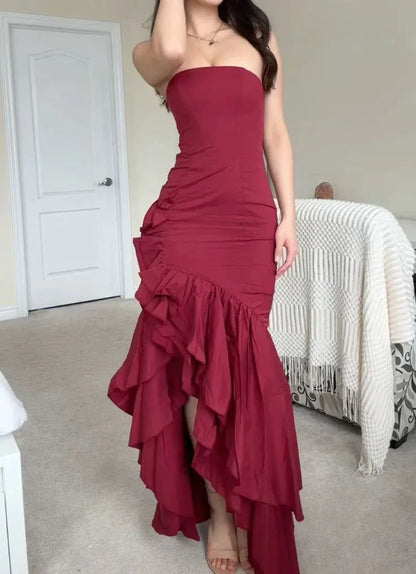 Modern Off the Shoulder Sleeveless Bodycon Ruffled Satin Floor-Length Evening Dress
