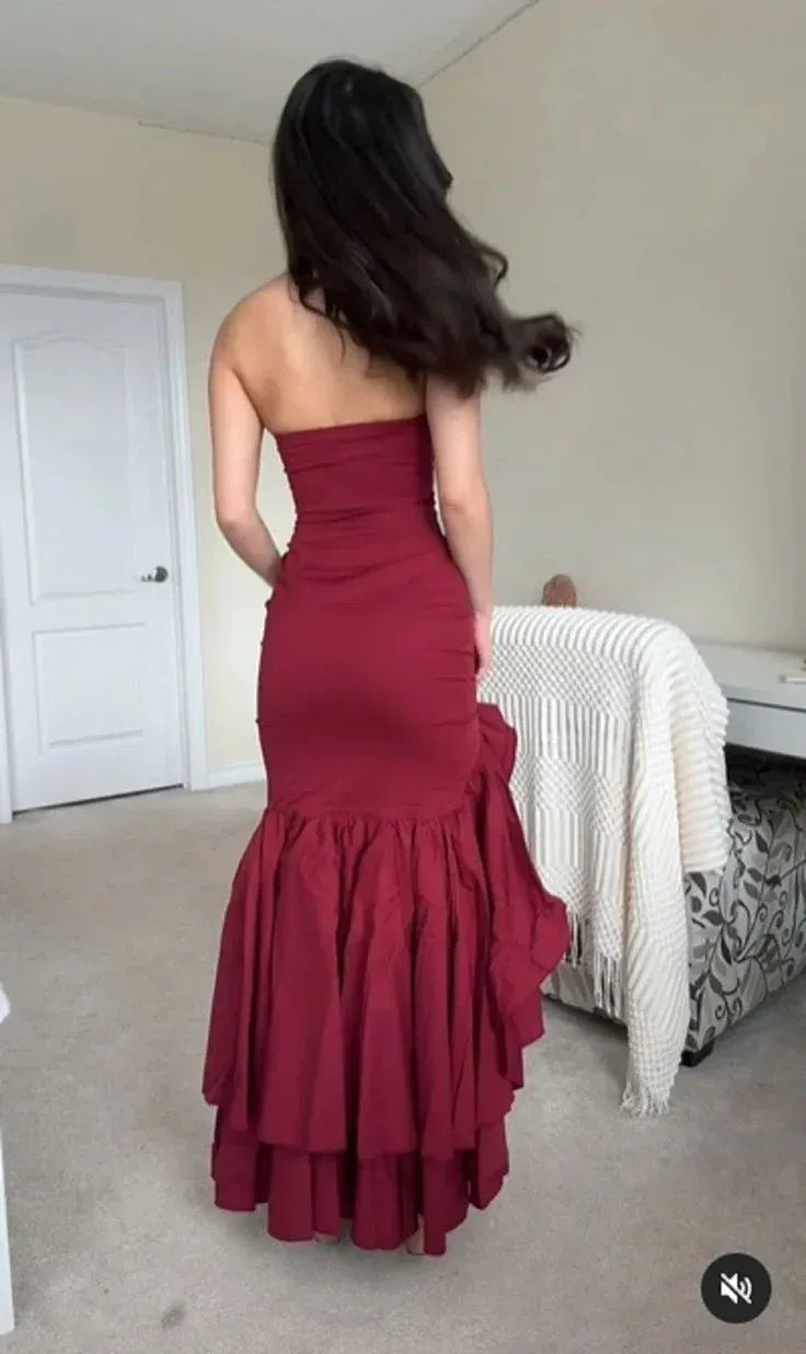 Modern Off the Shoulder Sleeveless Bodycon Ruffled Satin Floor-Length Evening Dress