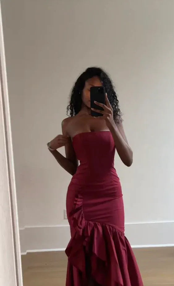 Modern Off the Shoulder Sleeveless Bodycon Ruffled Satin Floor-Length Evening Dress