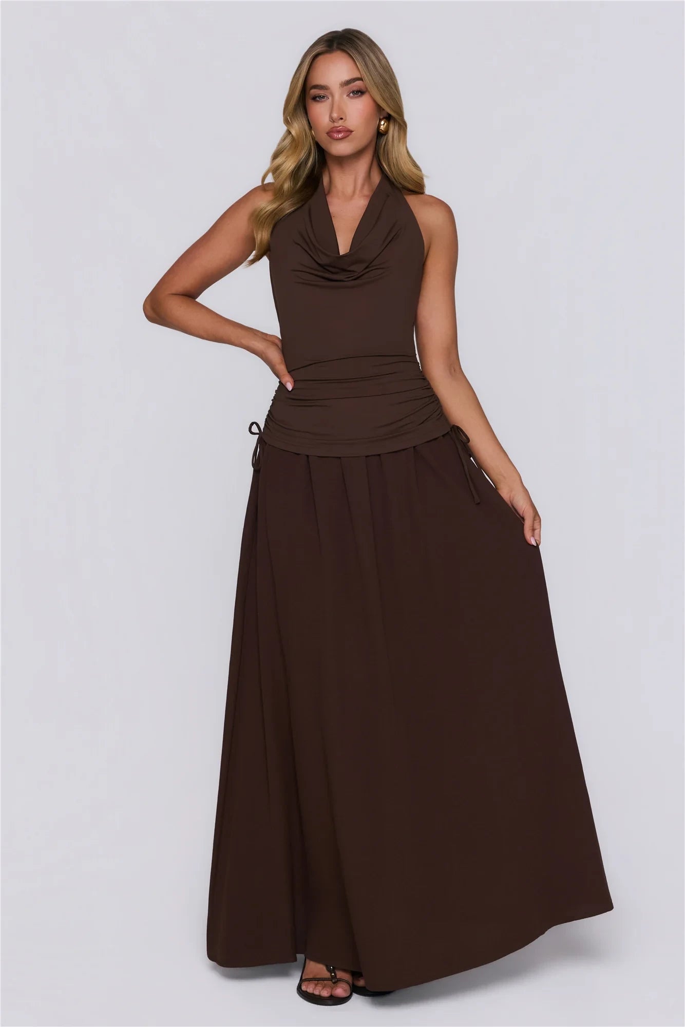 Modern A-Line Halter Cowl Neck Ruched Chocolate Floor-Length Prom Dress With Tie