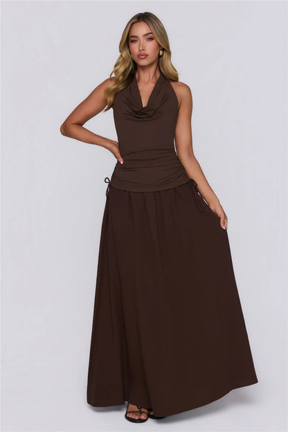 Modern A-Line Halter Cowl Neck Ruched Chocolate Floor-Length Prom Dress With Tie