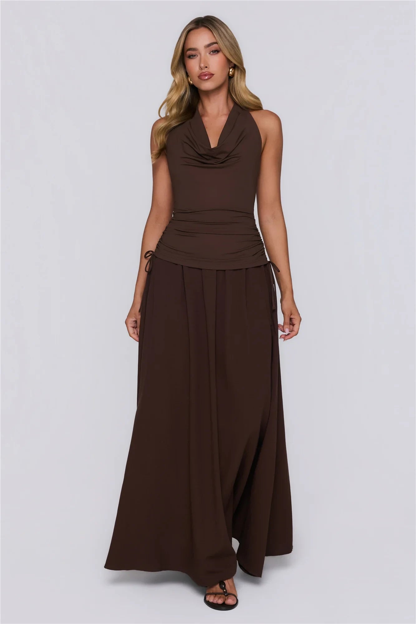 Modern A-Line Halter Cowl Neck Ruched Chocolate Floor-Length Prom Dress With Tie