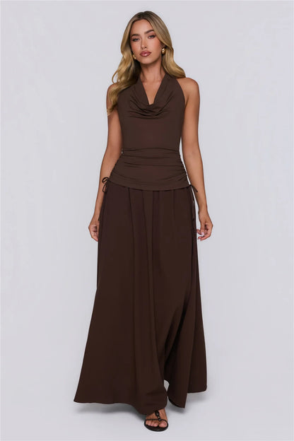 Modern A-Line Halter Cowl Neck Ruched Chocolate Floor-Length Prom Dress With Tie