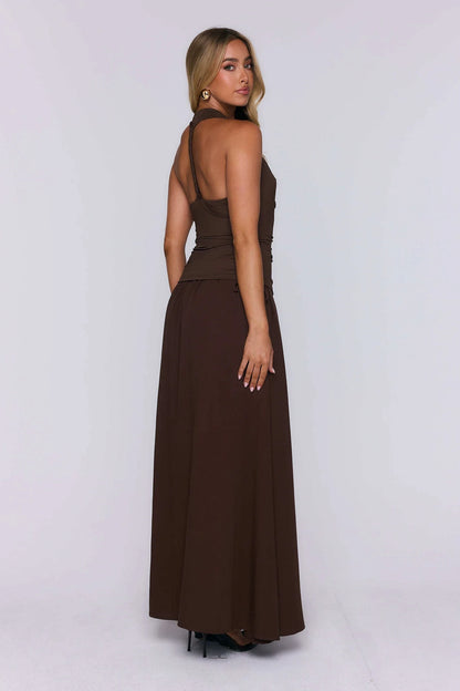 Modern A-Line Halter Cowl Neck Ruched Chocolate Floor-Length Prom Dress With Tie