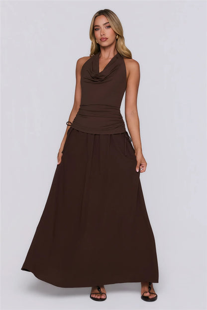 Modern A-Line Halter Cowl Neck Ruched Chocolate Floor-Length Prom Dress With Tie