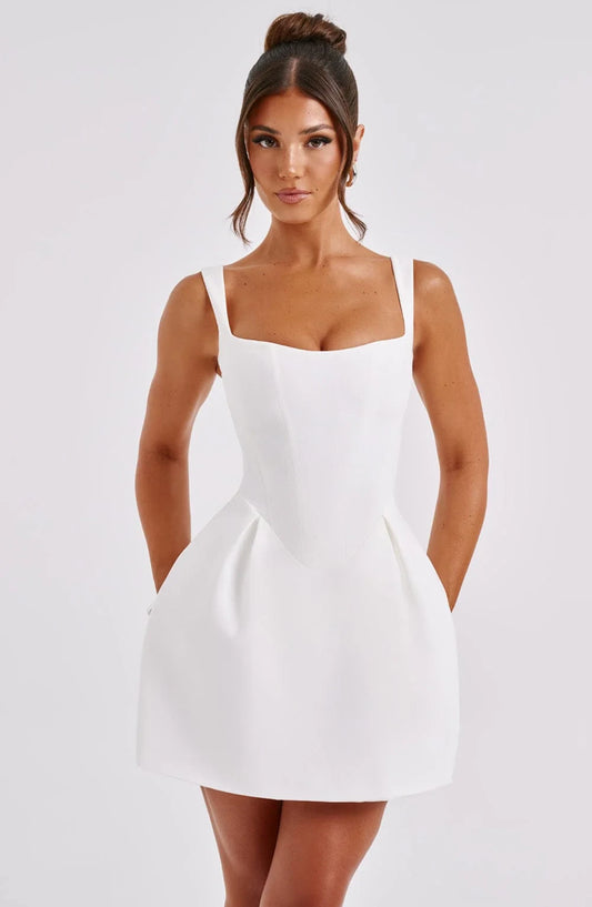 Modern A-Line Square Neck Corset Pleated White Mini Homecoming Dress